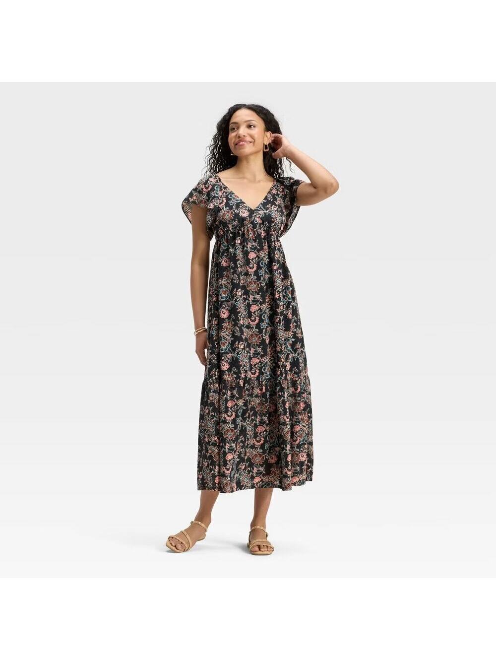 Universal Thread NWOT Women's Flutter Sleeve Maxi A-Line Dress Black Floral S